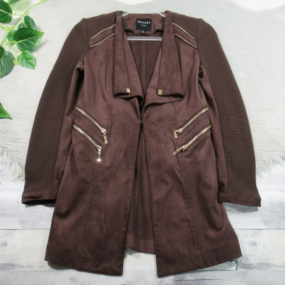 INSIGHT New York Brown Suede Jacket Knit Sleeves Zip Pocket Women's Size 4